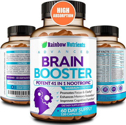 40-in-1 Brain Booster Supplements for Memory, Focus, Clarity, Energy, Performance | Natural Nootropic Brain Support Supplement with DMAE, Bacopa Monnieri & More | For Men & Women | 120 Veggie Capsules