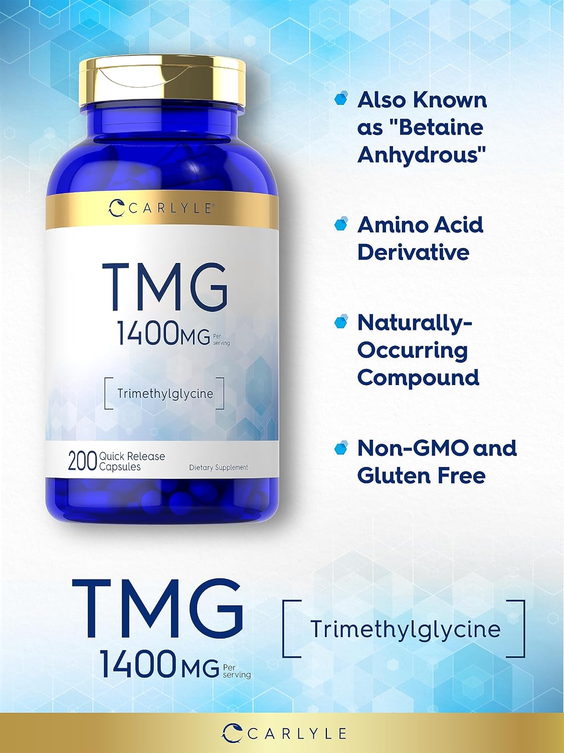Carlyle TMG Supplement | 1400mg | 200 Trimethylglycine Quick Release Capsules | Non-GM & Gluten-free - görsel 3