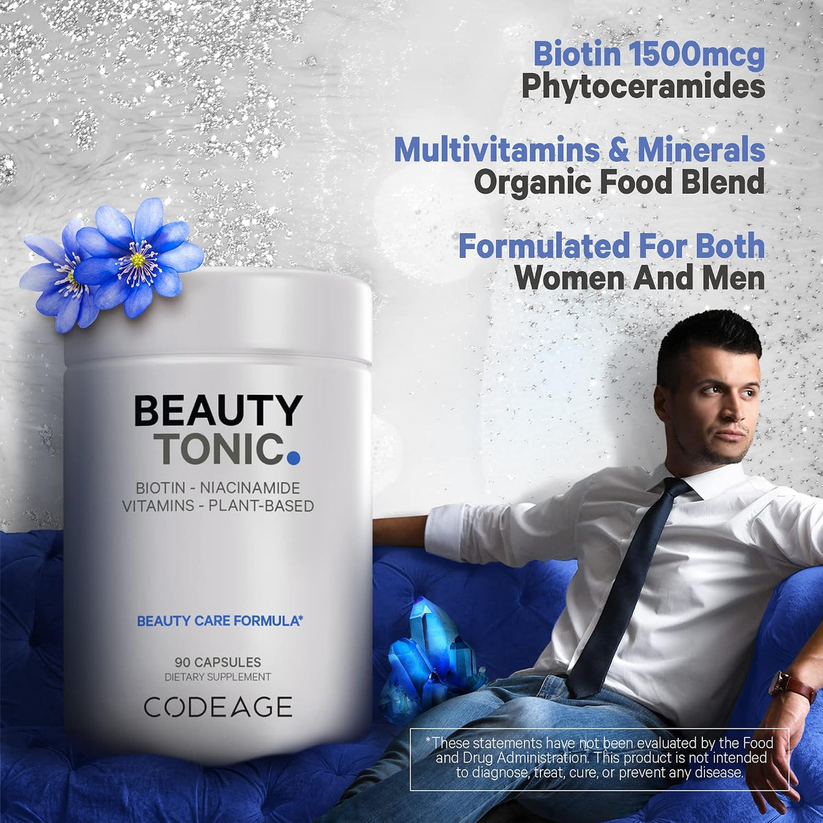 Codeage Beauty Tonic - Biotin Supplement with Vitamins C, E, B6 and Organic Food Blend - 90 Capsules - görsel 7