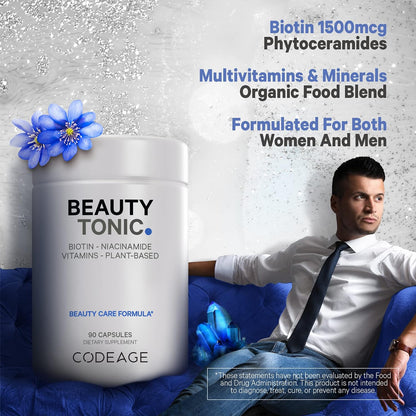Codeage Beauty Tonic - Biotin Supplement with Vitamins C, E, B6 and Organic Food Blend - 90 Capsules