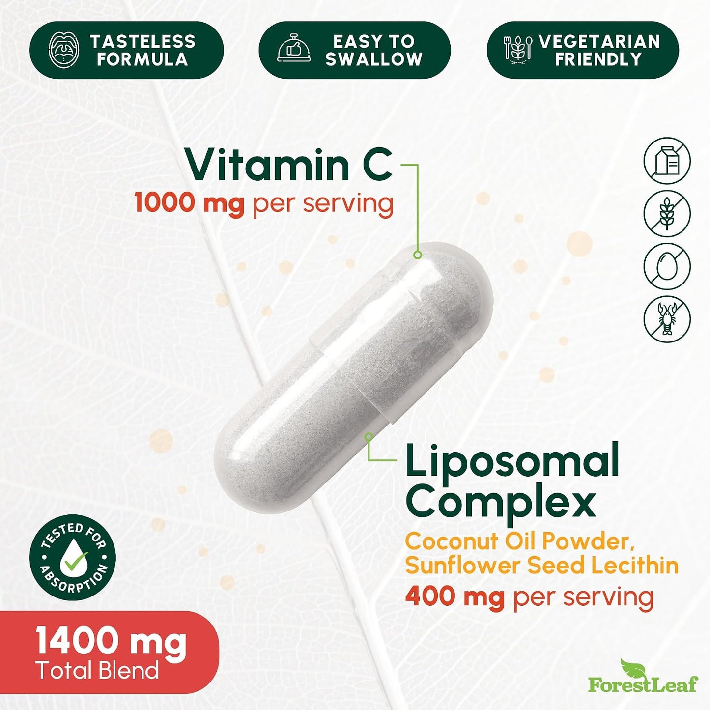 ForestLeaf Liposomal Vitamin C 1400mg Capsules – High-dose Vitamin C Supplement with Coconut Oil for Fast Absorption – 120 Vegan Capsules - görsel 2