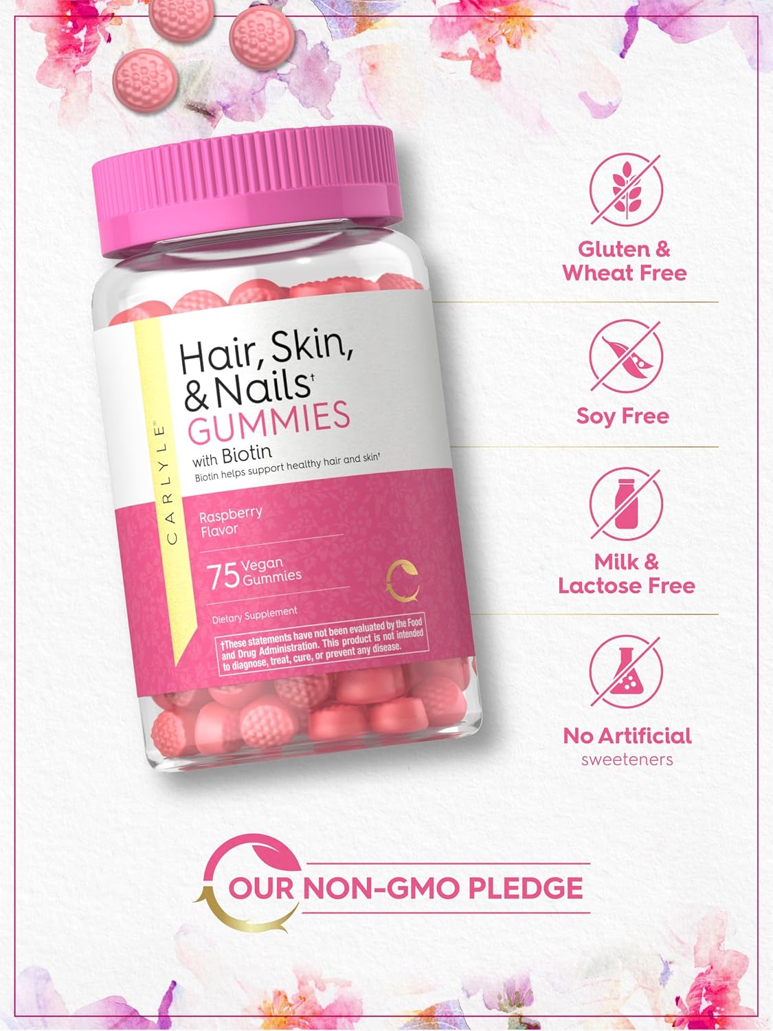 Carlyle Hair, Skin and Nails Gummies with Biotin 2500mcg, Vitamin C & E - Raspberry Flavour, 75 Count - görsel 5