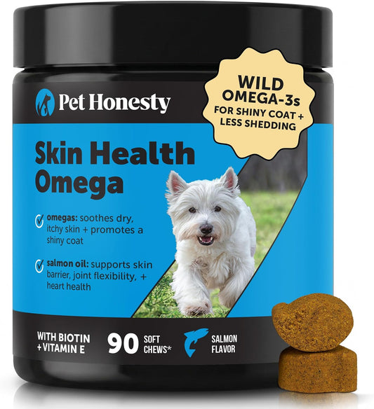 Pet Honesty Omega 3 for Dogs Skin and Coat Supplement - Salmon Oil Fish Oil Chews with Biotin, Vitamin E & Probiotics (Salmon, 90 Count)