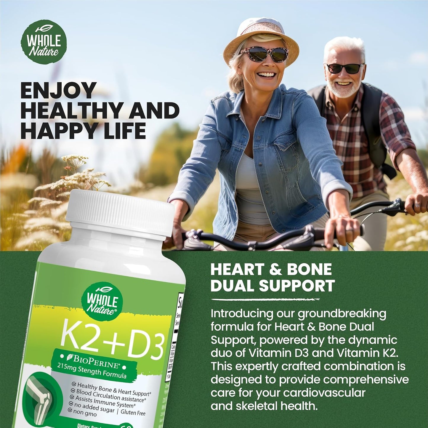 Whole Nature Vitamin D3 K2 Supplement with BioPerine - 5000 IU D3 + K2 MK-7 for Bone and Heart Support - 60 Vegan Capsules - görsel 6