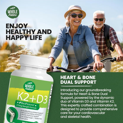 Whole Nature Vitamin D3 K2 Supplement with BioPerine - 5000 IU D3 + K2 MK-7 for Bone and Heart Support - 60 Vegan Capsules