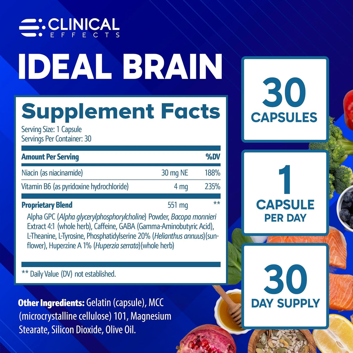 Clinical Effects Ideal Brain - Food Supplement for Nootropic Focus and Memory Support - 30 Capsules - B Vitamins, GABA, Alpha-GPC - görsel 6