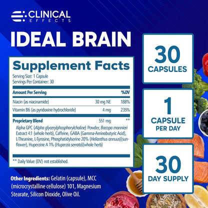 Clinical Effects Ideal Brain - Food Supplement for Nootropic Focus and Memory Support - 30 Capsules - B Vitamins, GABA, Alpha-GPC