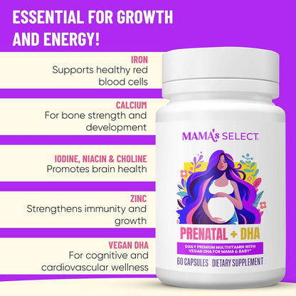 Mama's Select Prenatal Vitamins with Vegan DHA – Fish-Free, Allergen-Free, Methylated Folate & B Vitamins, No Biotin