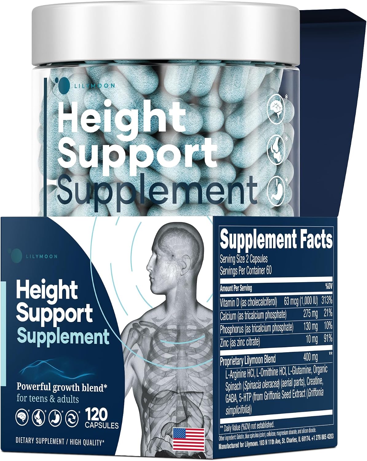 Height & Bone Support Supplement for Kids & Teens with Calcium, Vitamin D, and Zinc - 60 Capsules - görsel 7