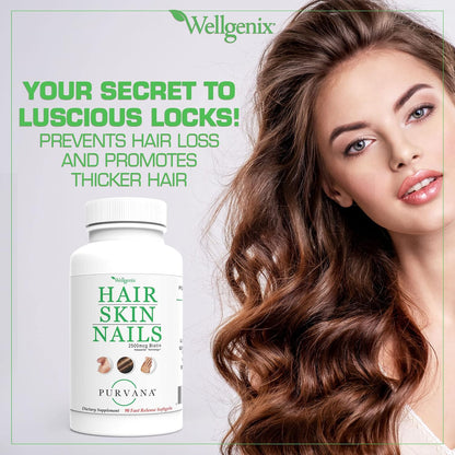 Wellgenix Purvana Hair, Skin & Nails Supplement – 2500 mcg Biotin Softgels with MSM & B-Complex – Daily Beauty Support for Stronger Nails & Hair Vitality – 180 Softgels (2 Pack)