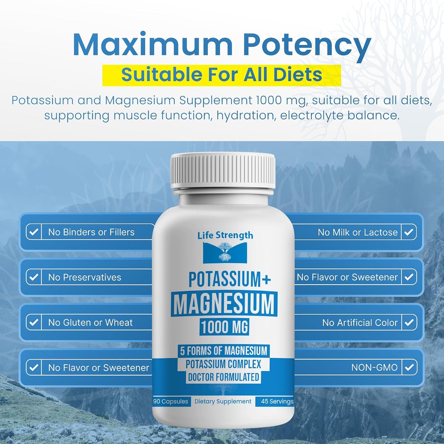 Life Strength Potassium Magnesium Supplement 1000mg – 90 Capsules - görsel 6