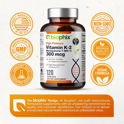 biophix Vitamin K2 MK-7 300mcg, 120 Vegan Capsules – High-Strength Supplement for Bone Strength and Immune Health