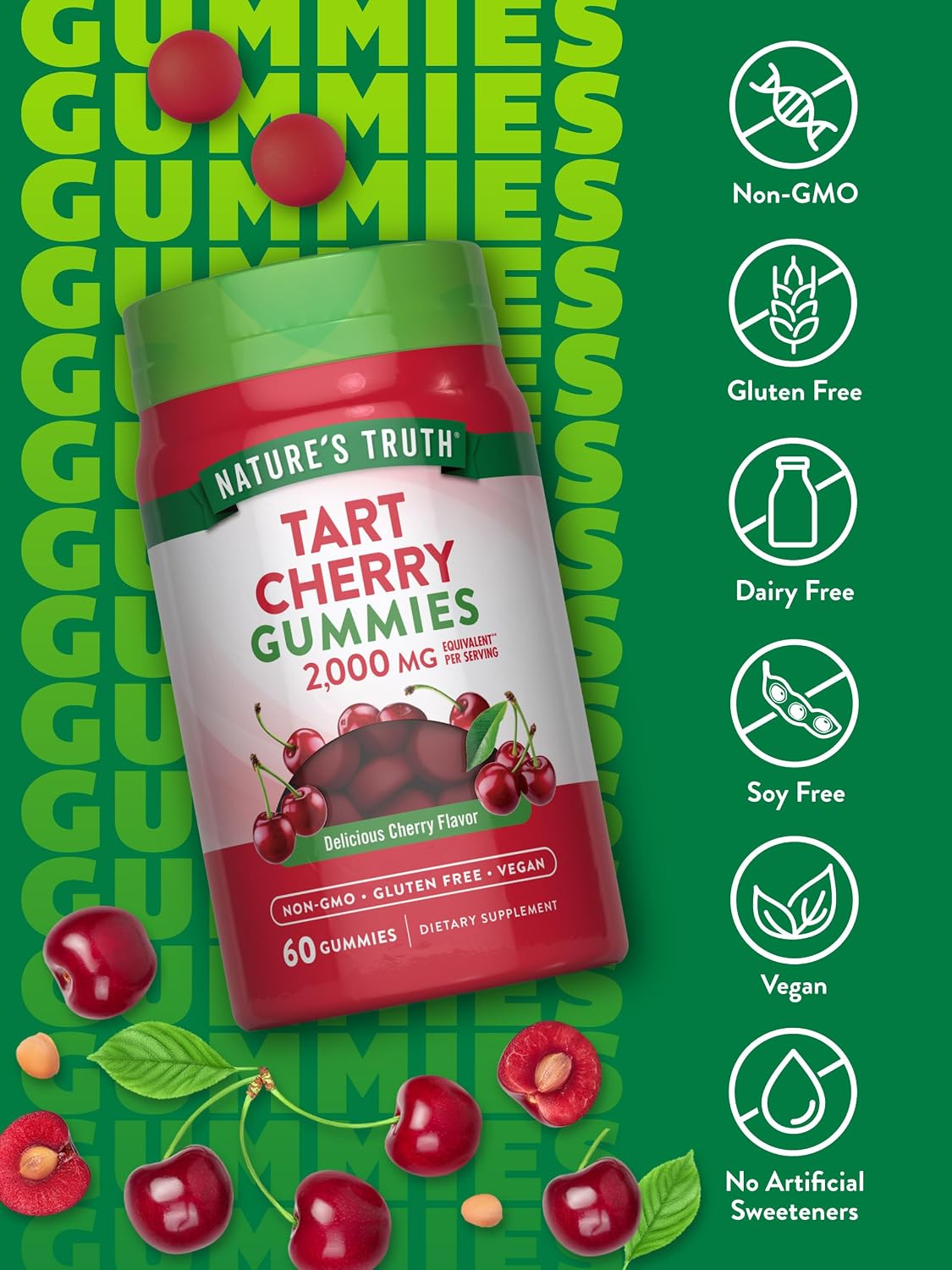 Nature's Truth Tart Cherry Gummies | 60 Gummies | Vegan, Non-GMO & Gluten-free Supplement | Cherry Flavour - görsel 3