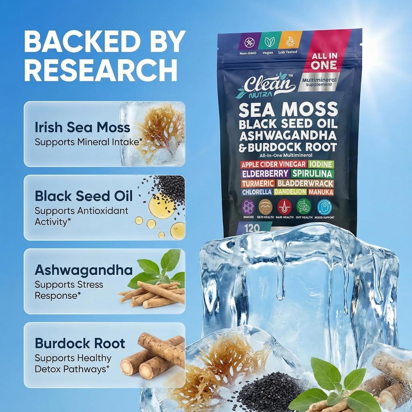 Clean Nutraceuticals MultiMineral Blend - Sea Moss, Black Seed Oil, Ashwagandha, Turmeric, Bladderwrack, Burdock, Vitamins C & D3 - 120 Capsules - görsel 3