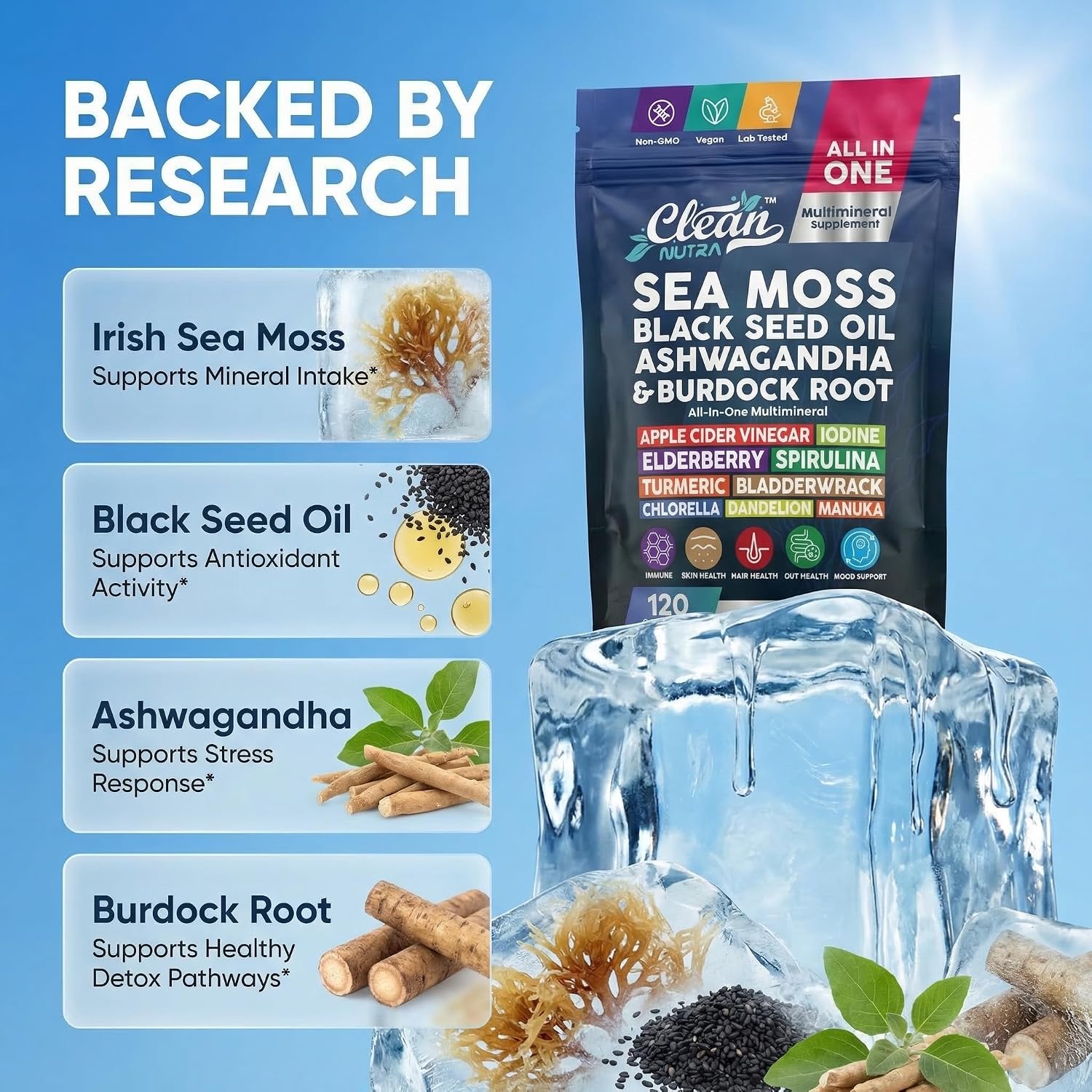 Clean Nutraceuticals MultiMineral Blend - Sea Moss, Black Seed Oil, Ashwagandha, Turmeric, Bladderwrack, Burdock, Vitamins C & D3 - 120 Capsules - görsel 3