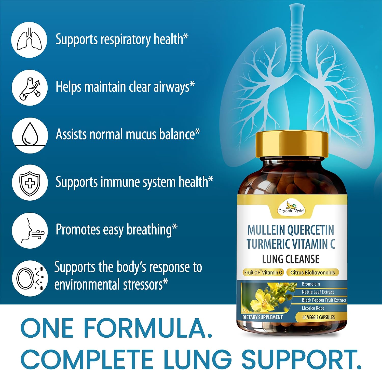 Organic Veda Mullein Quercetin Turmeric Lung Cleanse Capsules - 13 in 1 Herbal Lung Health Supplement - görsel 4