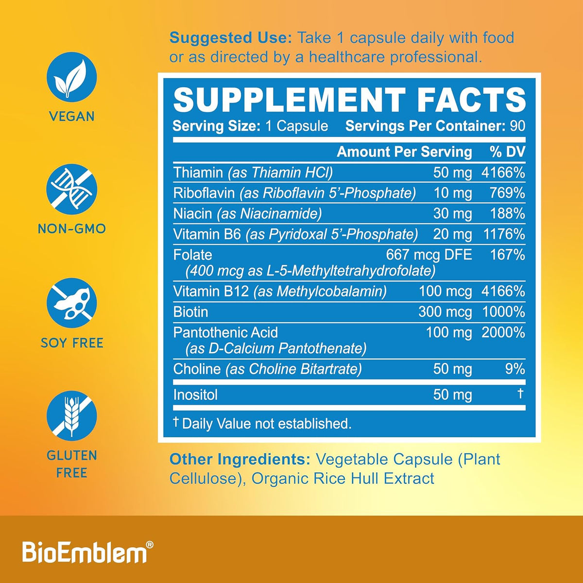 BioEmblem B Complex Vitamins | Complete B-Vitamin Formula with Active Methylated Forms | Supports Energy, Mental Clarity & Immune Health | Non-GMO, Vegan, Soya-Free, Gluten-free | 270 Capsules - görsel 5