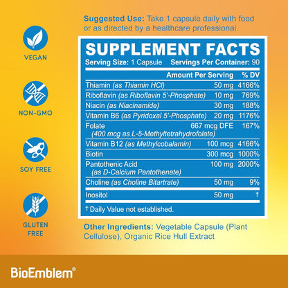 BioEmblem B Complex Vitamins | Complete B-Vitamin Formula with Active Methylated Forms | Supports Energy, Mental Clarity & Immune Health | Non-GMO, Vegan, Soya-Free, Gluten-free | 270 Capsules