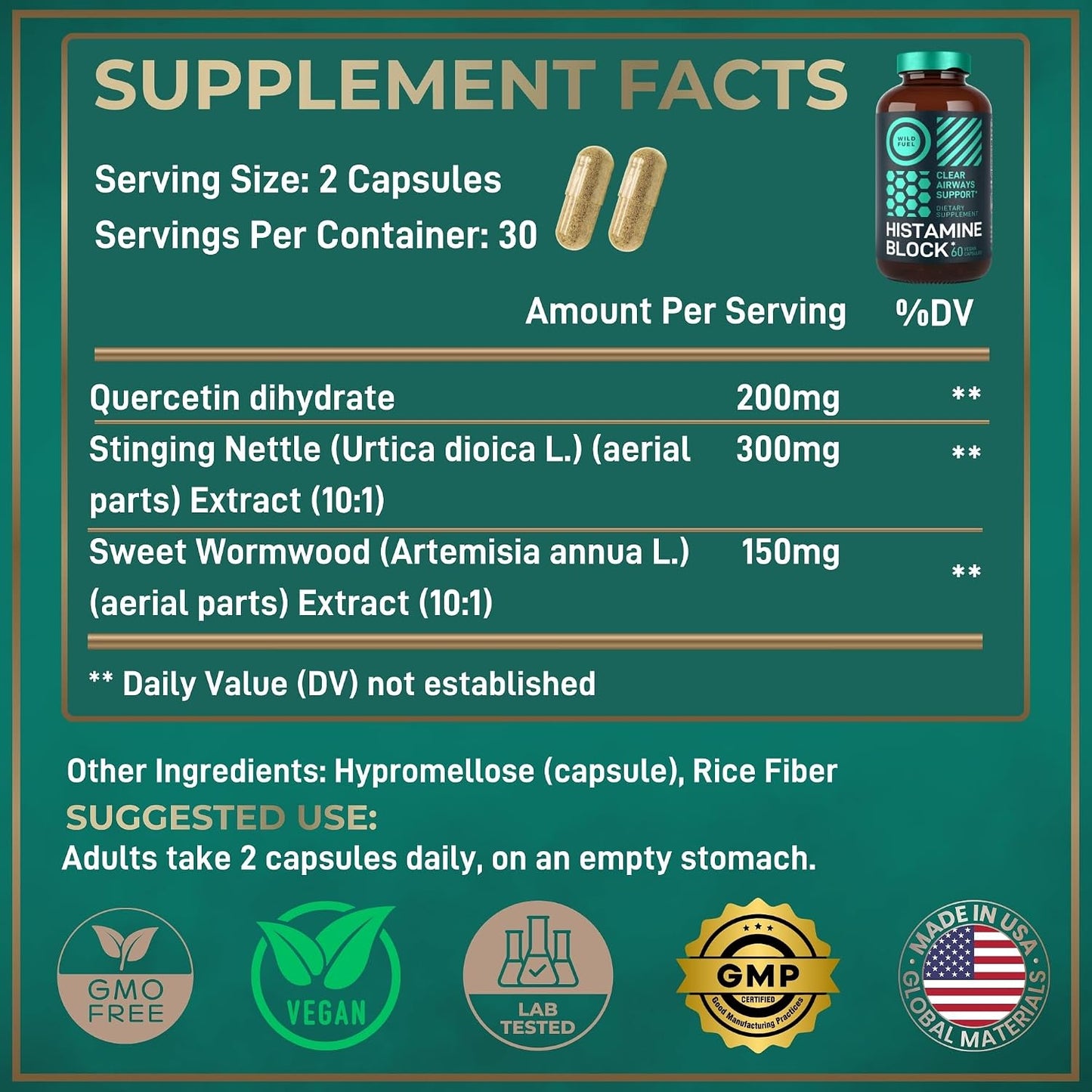Histamine Block 10:1 Flavonoids Supplement – Quercetin, Stinging Nettle, Artemisia Annua – Seasonal Allergy Support – 60 Capsules - görsel 3
