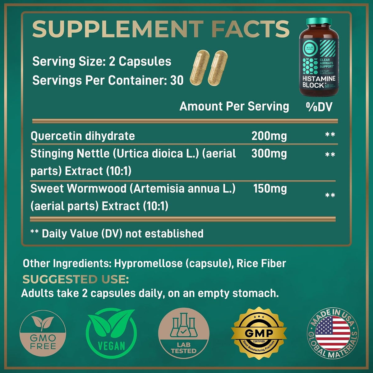 Histamine Block 10:1 Flavonoids Supplement – Quercetin, Stinging Nettle, Artemisia Annua – Seasonal Allergy Support – 60 Capsules - görsel 3