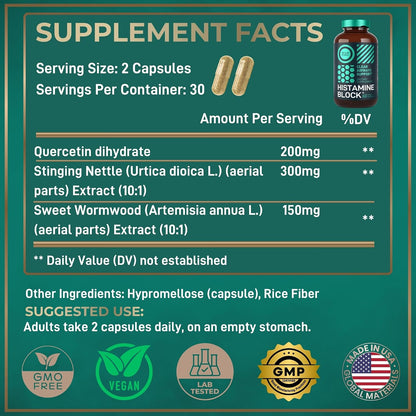 Histamine Block 10:1 Flavonoids Supplement – Quercetin, Stinging Nettle, Artemisia Annua – Seasonal Allergy Support – 60 Capsules