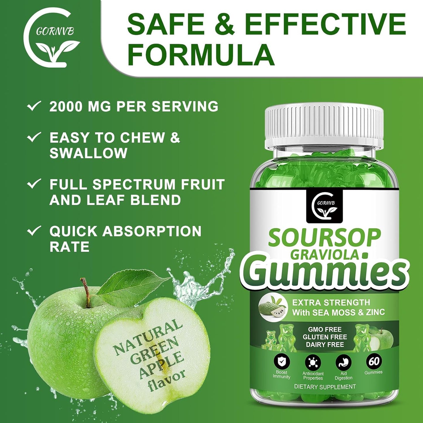 Organic Soursop Graviola Gummies – 2200mg Extra Strength with Sea Moss, Zinc & Vitamin C – 60 Gummies - görsel 6
