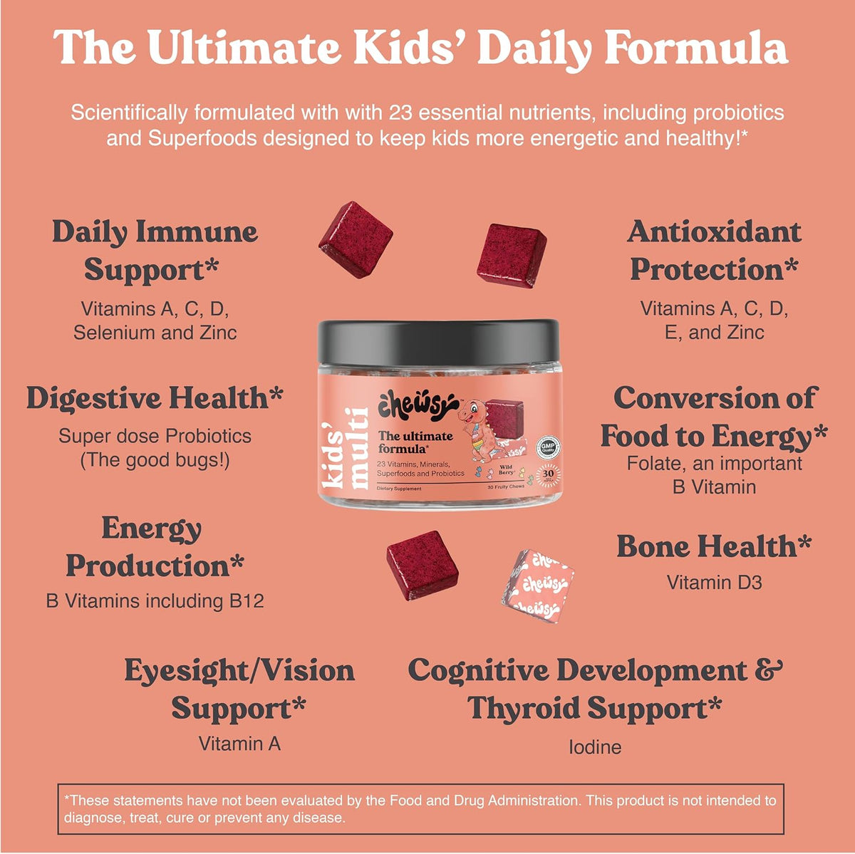 Chewsy Kids' Multivitamin – Wild Berry Flavour Chews with Probiotics & Superfoods, 30-Day Supply - görsel 3