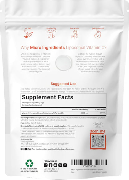 Micro Ingredients Liposomal Vitamin C Powder Packets – 1,000mg, 40 Travel Packets, Lemonade Flavour