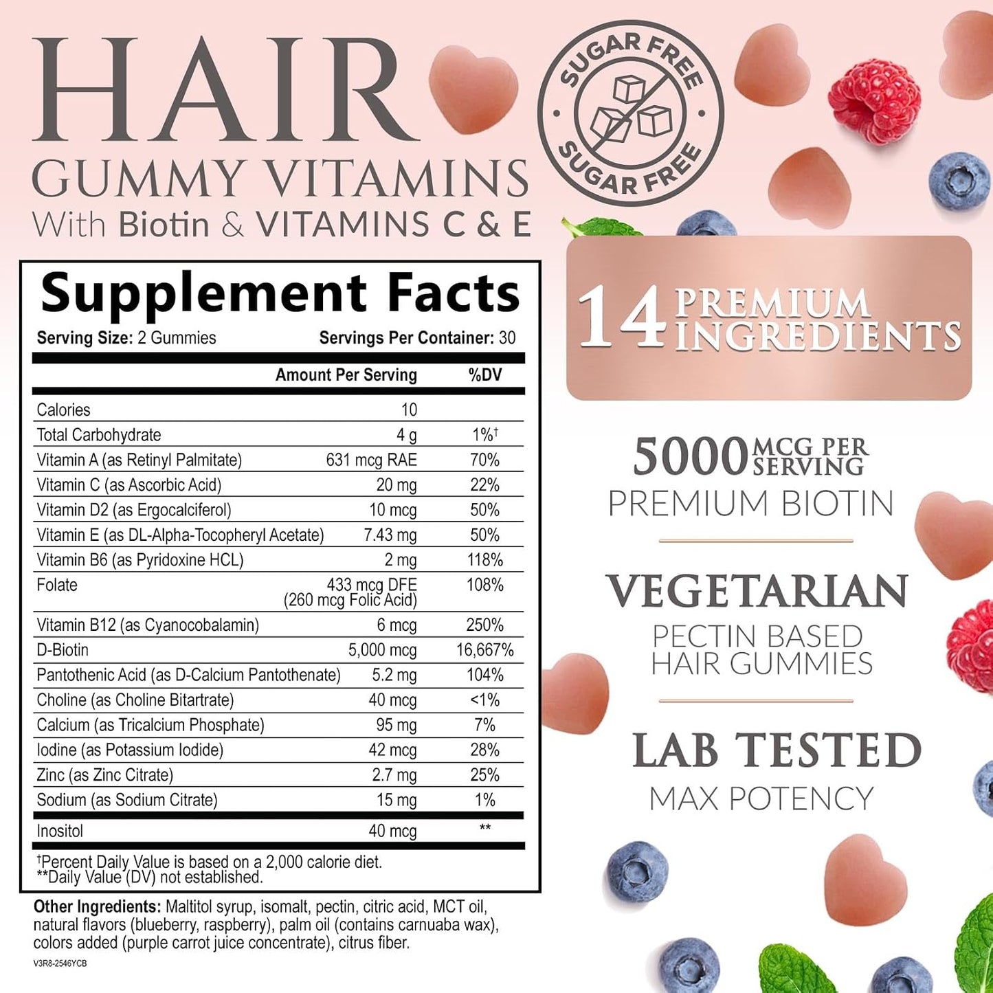 Hair Vitamins Gummies - Sugar Free Hair Support with Biotin 5000 mcg, Vitamins A, C, D, E, B12, Folic Acid for Hair, Skin & Nails - Vegetarian - 60 Gummies - görsel 2