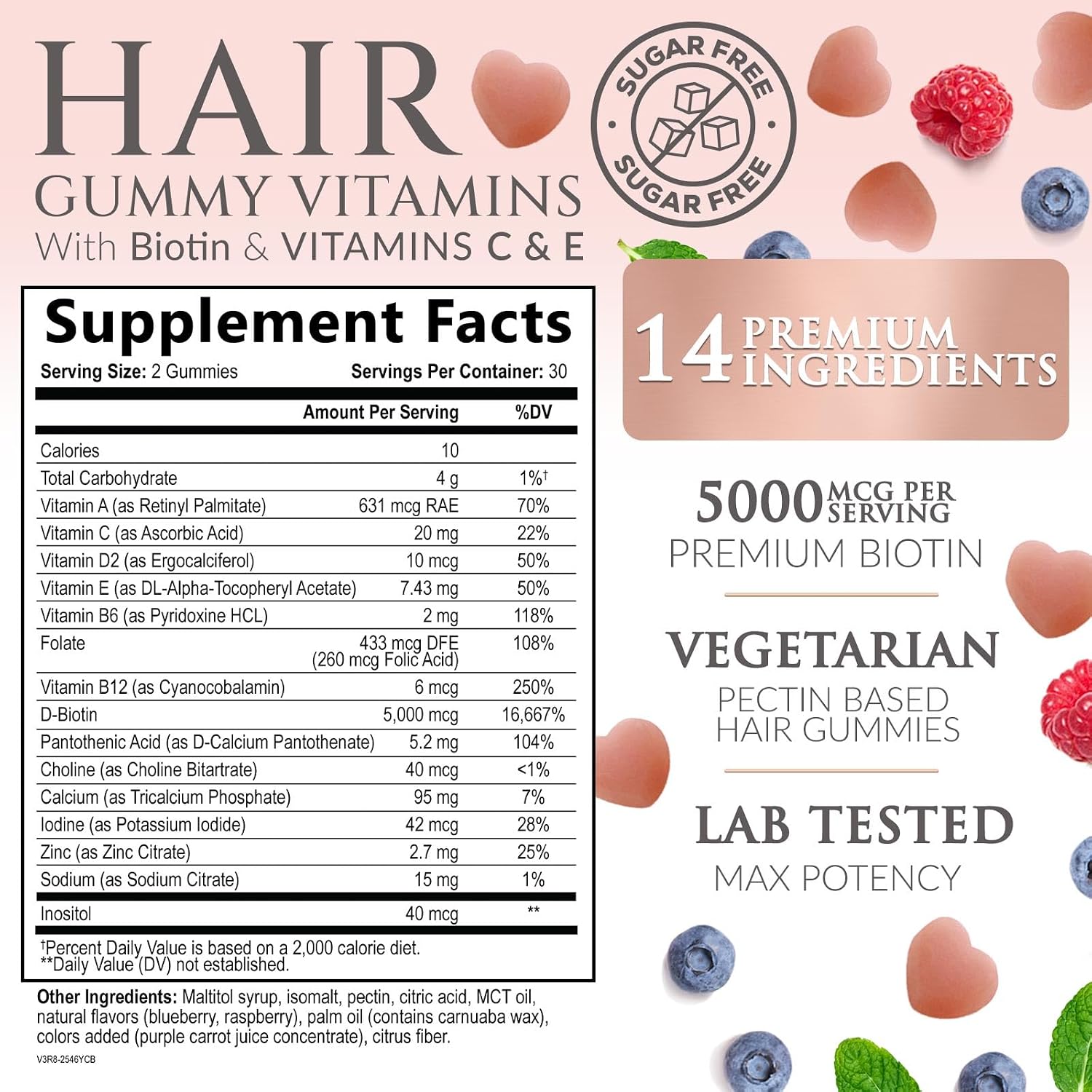 Hair Vitamins Gummies - Sugar Free Hair Support with Biotin 5000 mcg, Vitamins A, C, D, E, B12, Folic Acid for Hair, Skin & Nails - Vegetarian - 60 Gummies - görsel 2