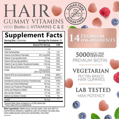 Hair Vitamins Gummies - Sugar Free Hair Support with Biotin 5000 mcg, Vitamins A, C, D, E, B12, Folic Acid for Hair, Skin & Nails - Vegetarian - 60 Gummies