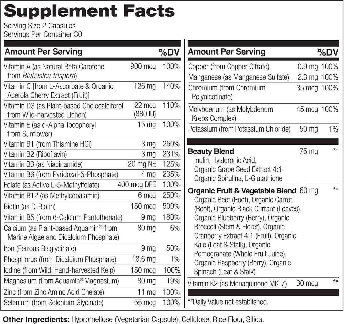 NATURELO Whole Food Multivitamin with Extra Hair, Skin & Nails Support - Beauty Blend with Hyaluronic Acid & Grape Seed, 60 Vegan Capsules (Pack of 2) - görsel 3