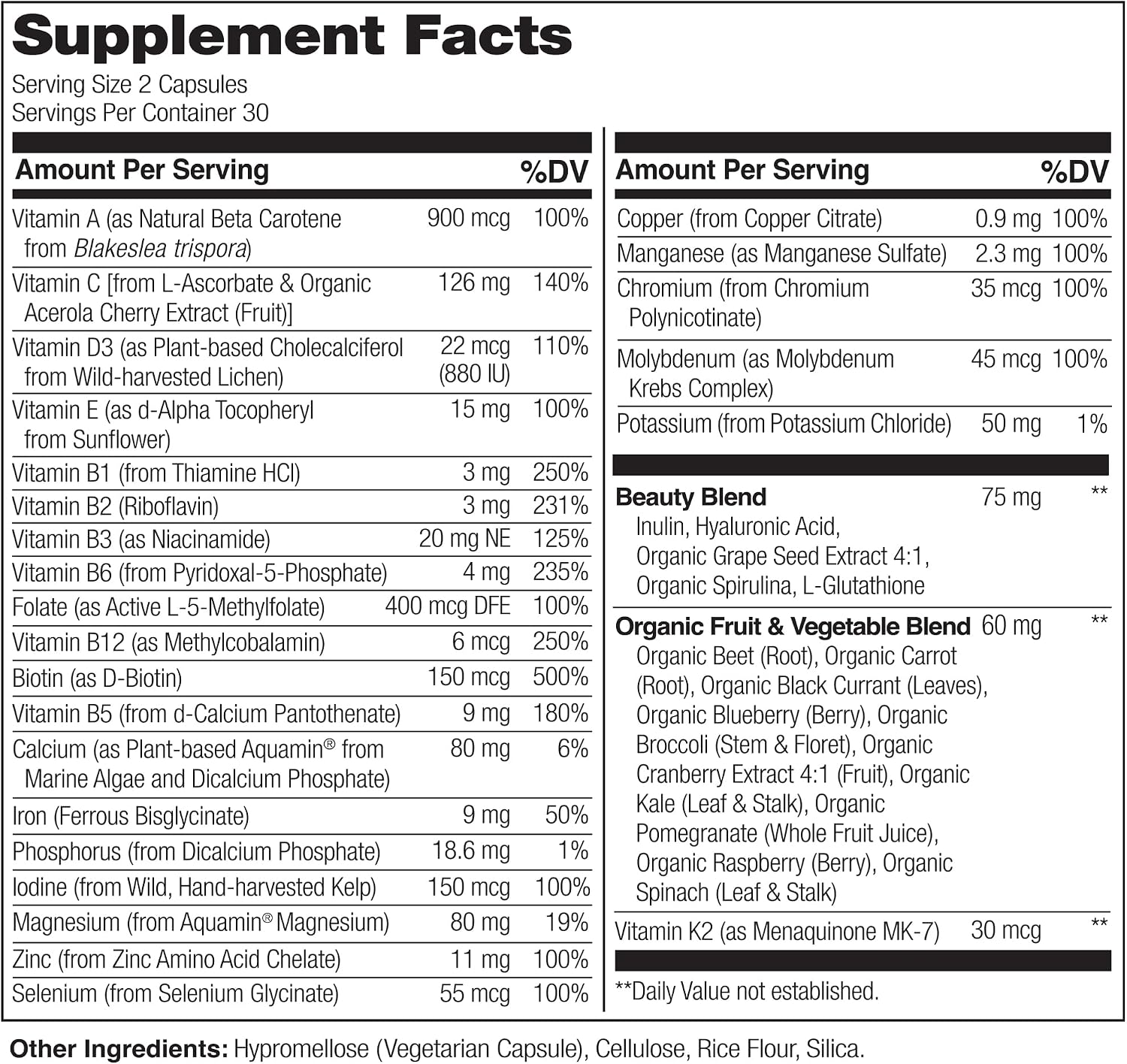 NATURELO Whole Food Multivitamin with Extra Hair, Skin & Nails Support - Beauty Blend with Hyaluronic Acid & Grape Seed, 60 Vegan Capsules (Pack of 2) - görsel 3