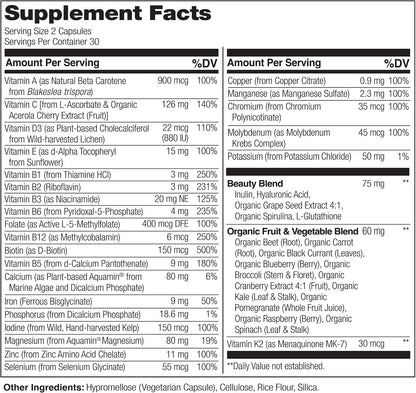 NATURELO Whole Food Multivitamin with Extra Hair, Skin & Nails Support - Beauty Blend with Hyaluronic Acid & Grape Seed, 60 Vegan Capsules (Pack of 2)