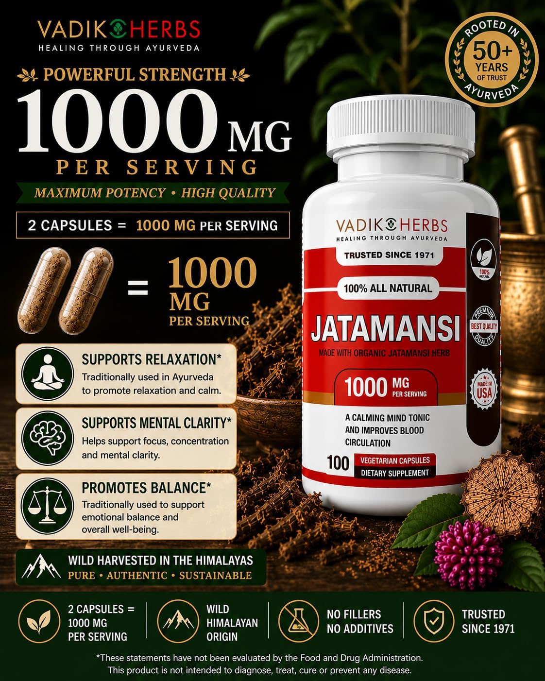 Vadik Herbs Jatamansi Capsules - 1000mg Organic Jatamansi Root for Calmness, Mental Clarity & Restful Sleep - 100 Vegetarian Capsules - görsel 6
