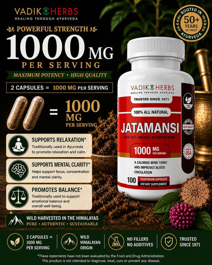 Vadik Herbs Jatamansi Capsules - 1000mg Organic Jatamansi Root for Calmness, Mental Clarity & Restful Sleep - 100 Vegetarian Capsules