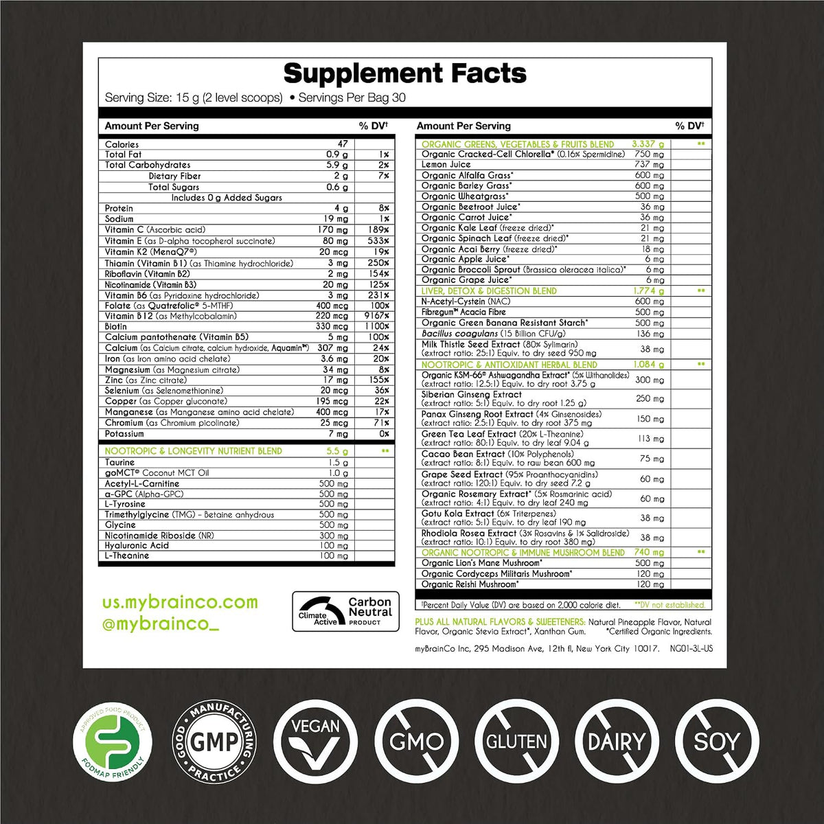 myBrainCo. Nootropic Greens - All-in-One Body, Brain & Longevity Supplement with Organic Greens, Alpha-GPC, Lion's Mane & More (225 g) - görsel 4
