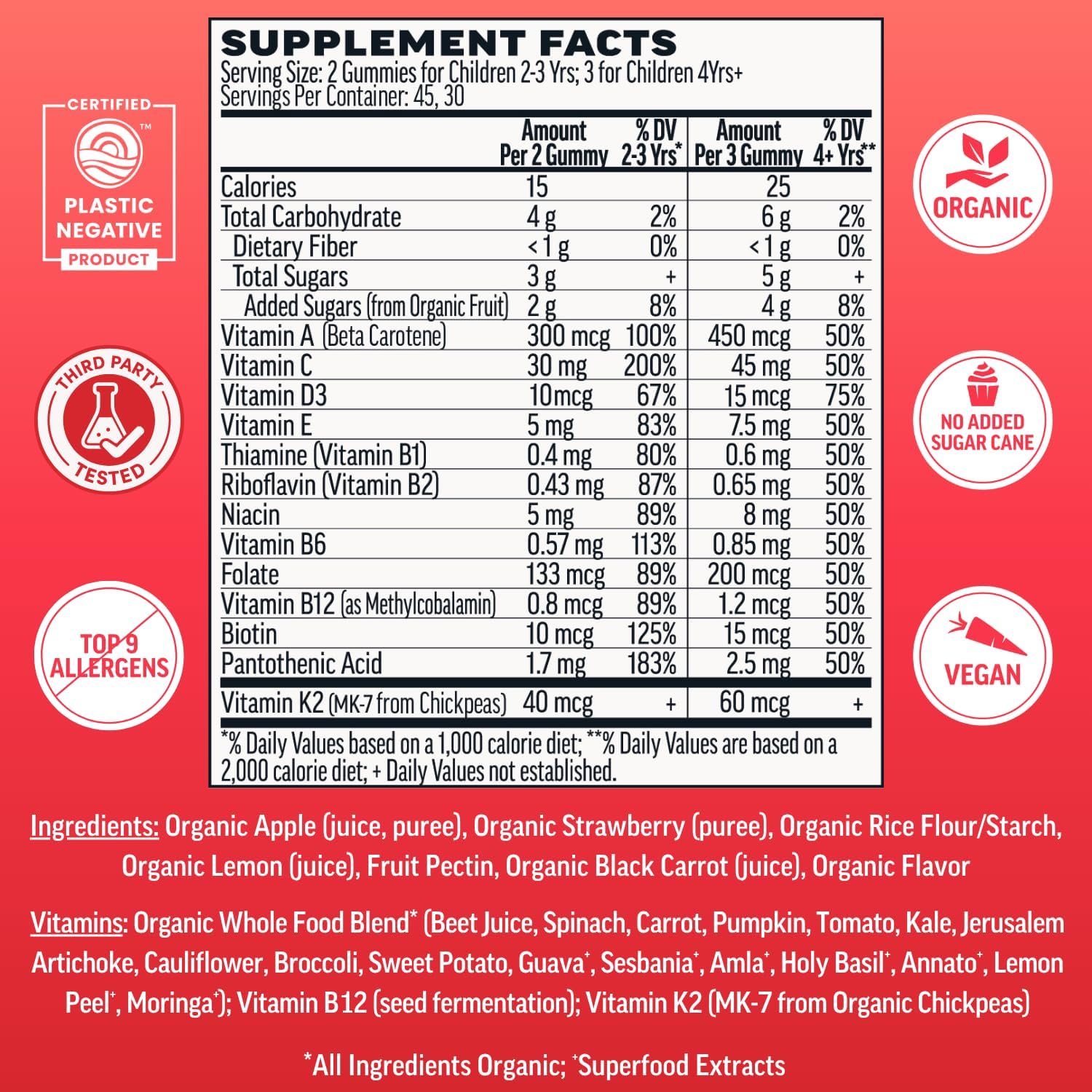 Llama Naturals Kids Multivitamin Gummies, Organic Vegan, Real Fruit, No Added Sugar, Strawberry, 90 Count - görsel 2