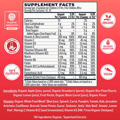 Llama Naturals Kids Multivitamin Gummies, Organic Vegan, Real Fruit, No Added Sugar, Strawberry, 90 Count