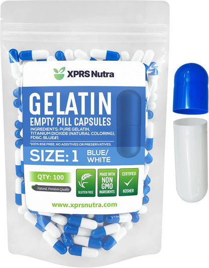 XPRS Nutra Size 1 Empty Gelatine Capsules - 100 Count for DIY Supplement Filling (Blue/White)