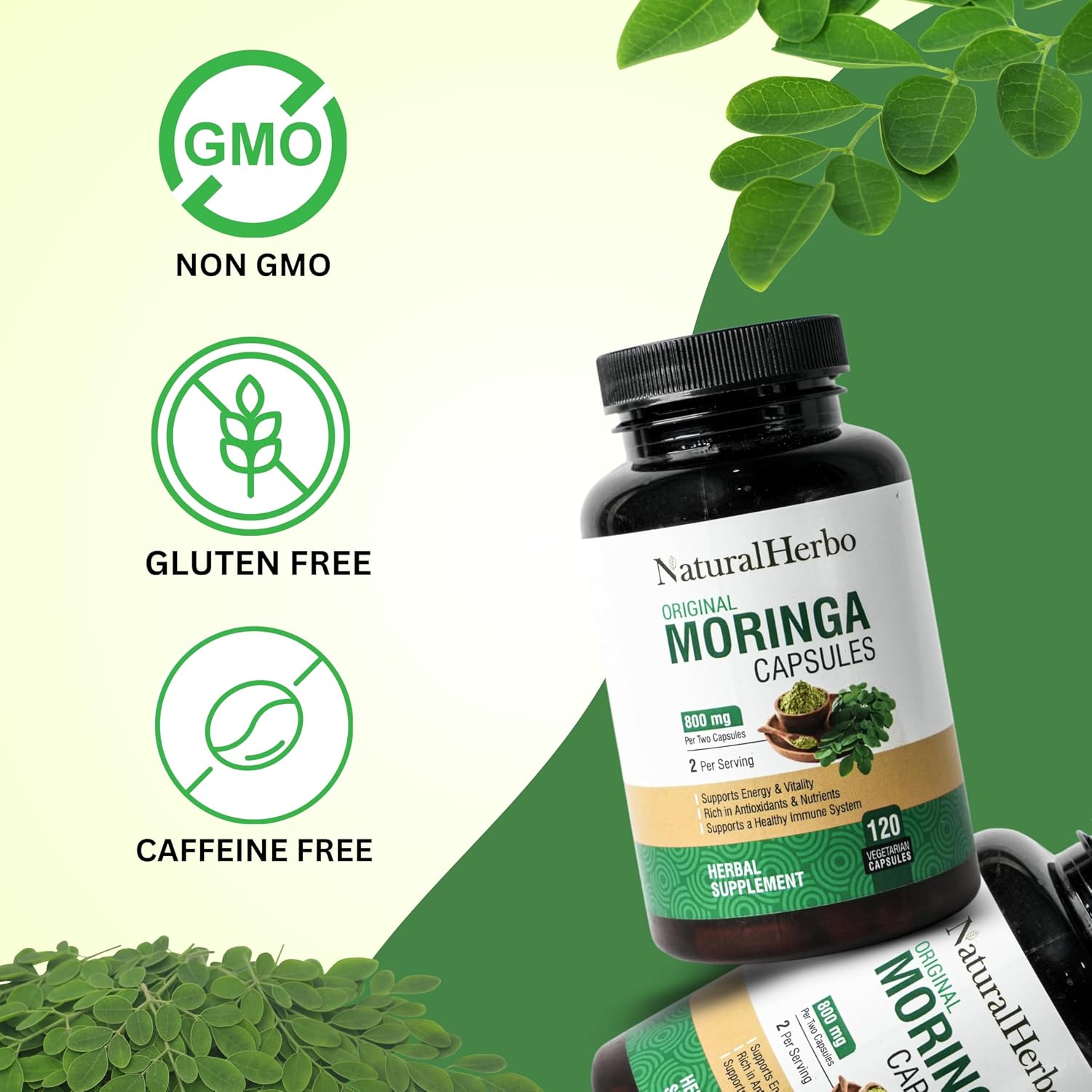 Pure Moringa Capsules - Pure Moringa Leaf Extract for Natural Energy, Digestion & Daily Wellness | Green Superfood Supplement | Vegan, Non-GMO, Gluten-free | 120 Capsules (800mg) - görsel 7
