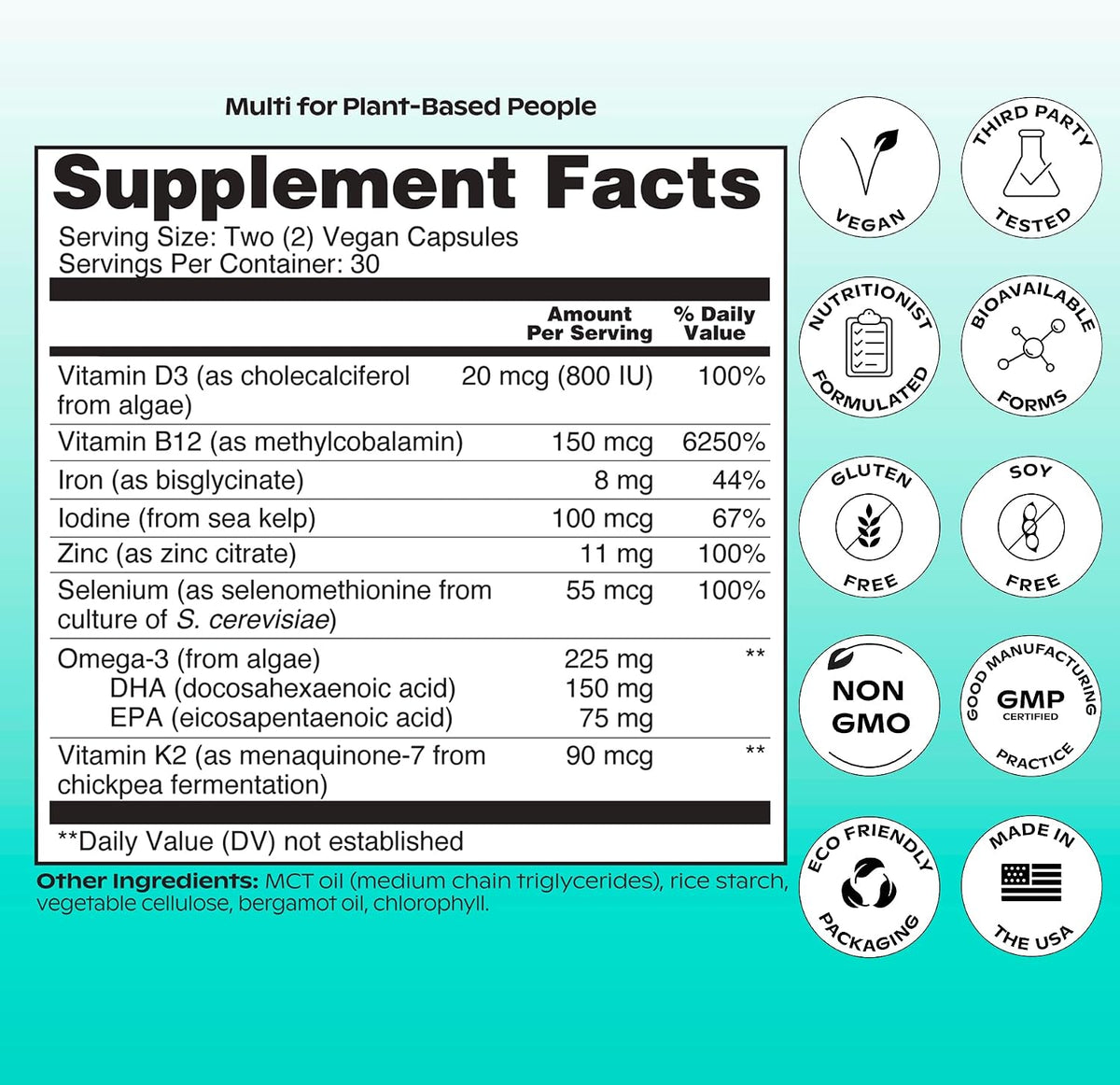 wholier Multi for Plant Based People – Vegan Multivitamin with Omega-3 DHA & EPA, B12, D3, Iron, Zinc – 60 Capsules - görsel 5