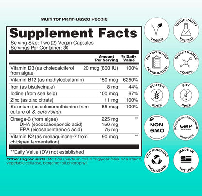 wholier Multi for Plant Based People – Vegan Multivitamin with Omega-3 DHA & EPA, B12, D3, Iron, Zinc – 60 Capsules
