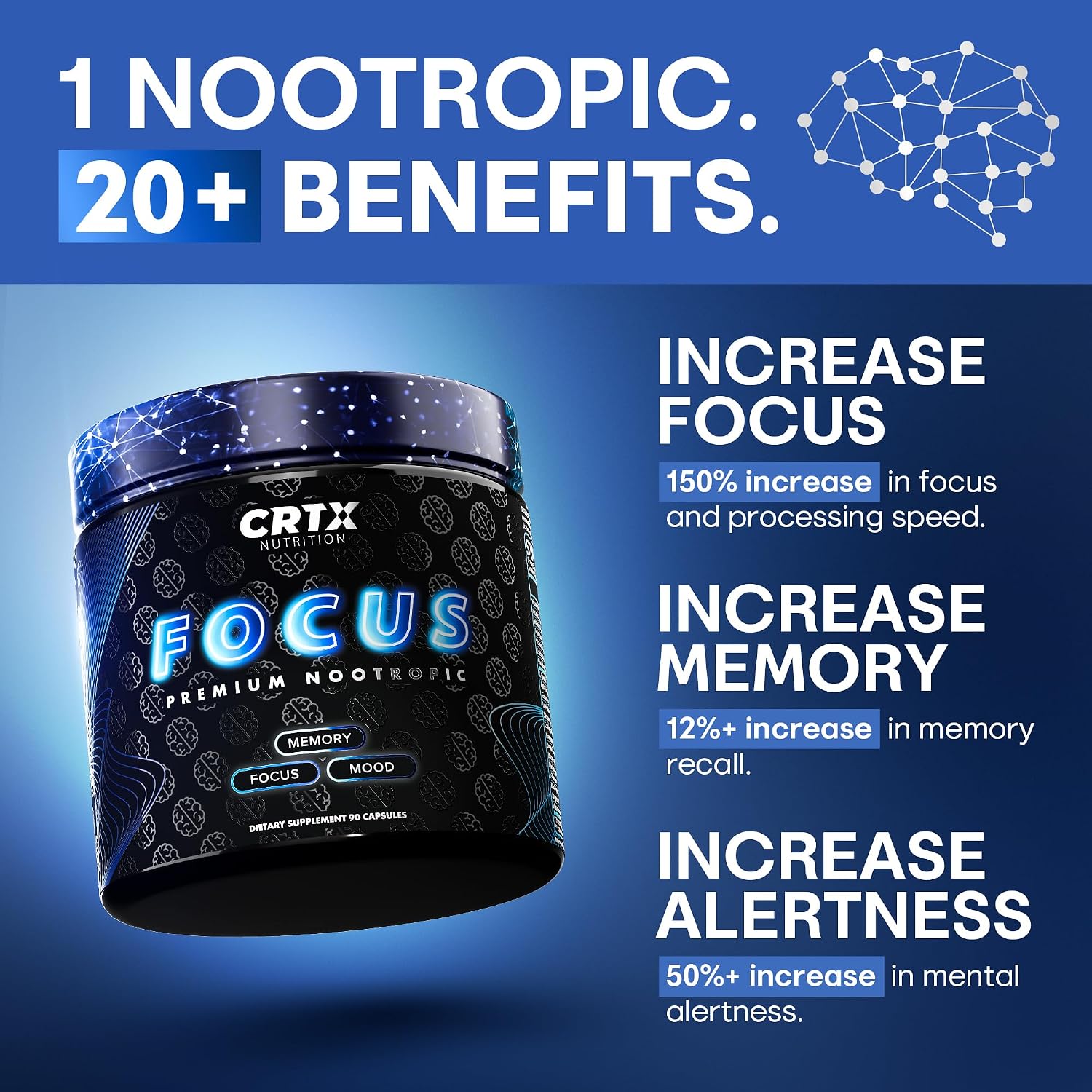 CRTX Nutrition Focus – Nootropic Brain Supplement with Alpha-GPC, Lion's Mane, Rhodiola 10:1 – 90 Capsules - görsel 2