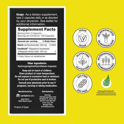 Heliocare Advanced Niacin B3 Supplement: Fernblock PLE Extract 240mg Per Serving - Supports Skin Cell Health with Antioxidant-Rich Vitamin B3 Niacin 500 mg - 120 Vegan Capsules