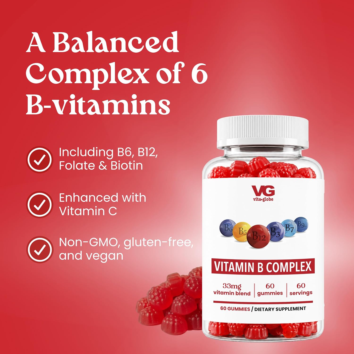 VITA GLOBE B Complex Gummy Vitamins – Vegan Non-GM Strawberry Chewables with Vitamin C, Niacin, B6, B12 & Biotin – Supports Energy, Heart & Brain – 60 Count (2 Pack) - görsel 5