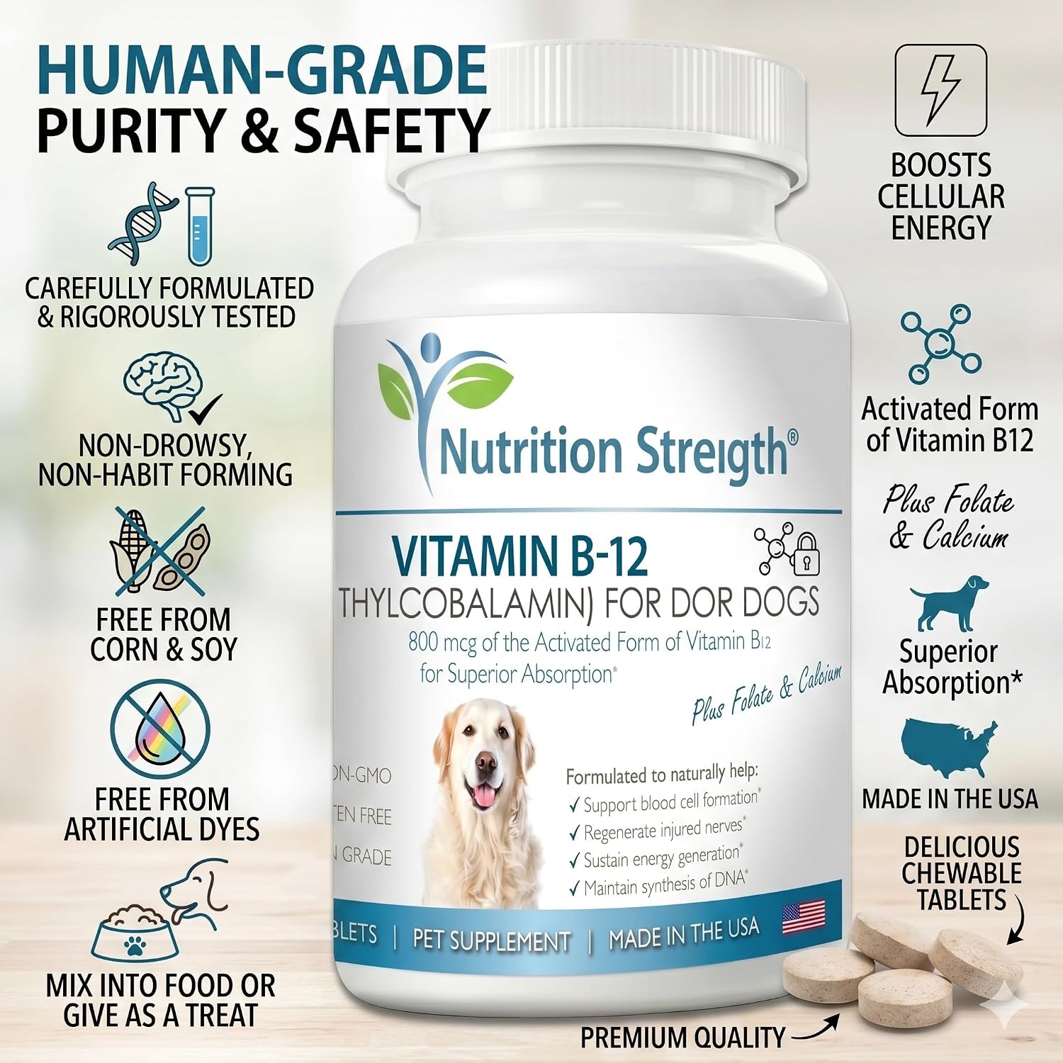 Nutrition Strength Vitamin B12 for Dogs Plus Folate & Calcium – 120 Chewable Tablets - görsel 7