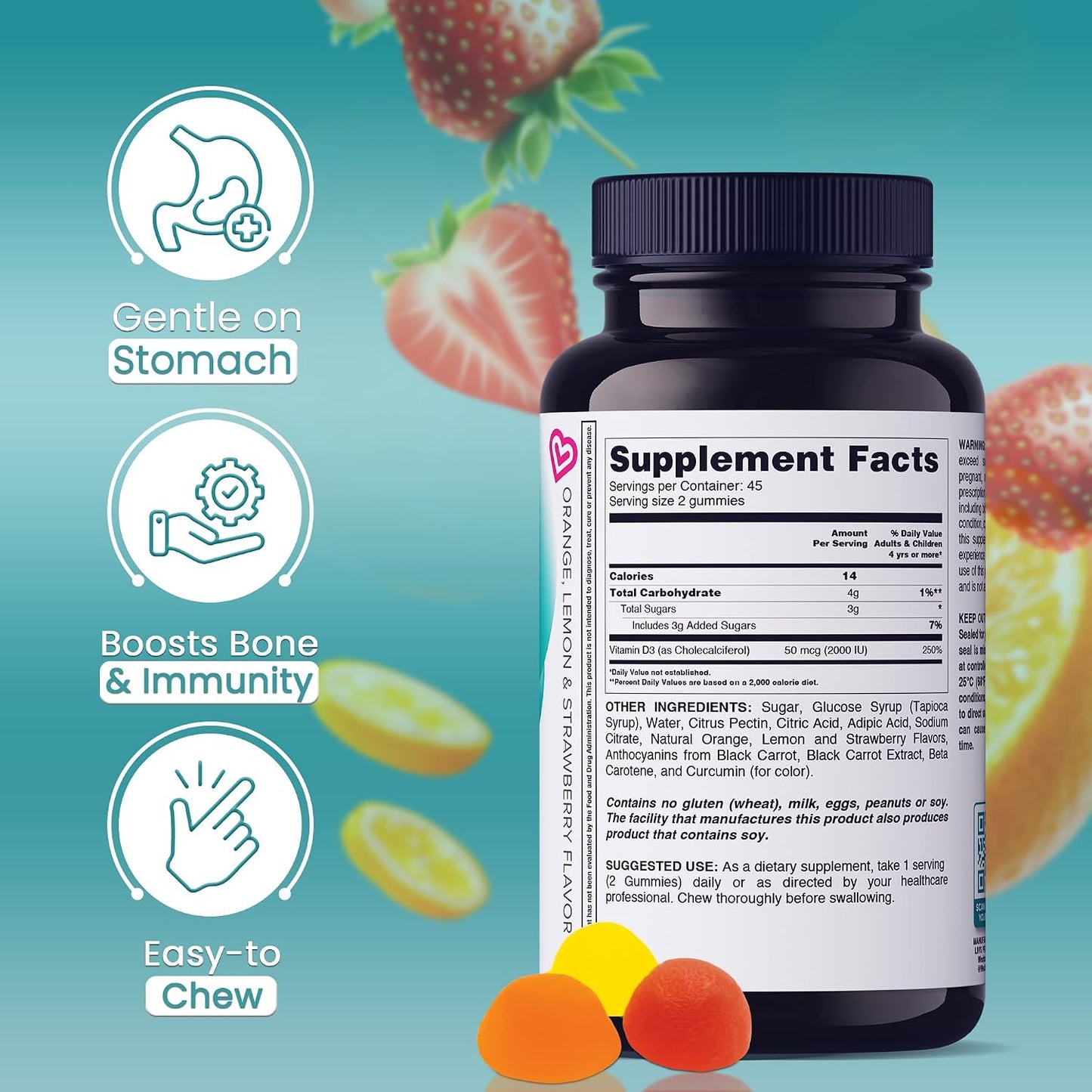 LIVS Vitamin D Gummies – 2000 IU Vitamin D3 for Immune Support, Bone & Teeth Health | Adult & Kids Vitamin D Supplement | Natural Lemon Berry & Orange Flavour | Gluten-Free | 90 Count/45 Servings - görsel 2
