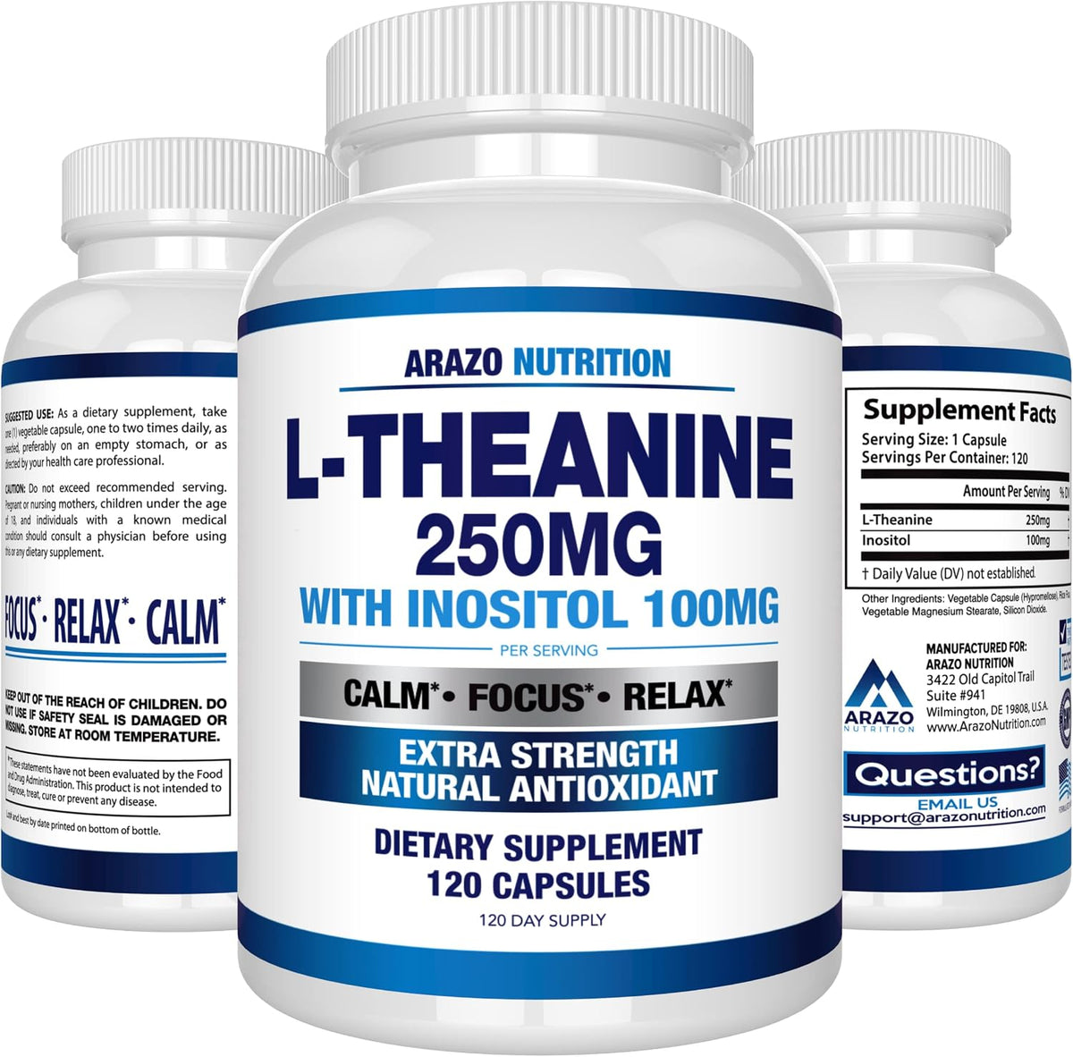 Arazo Nutrition L-Theanine 250mg with Inositol 100mg, 120 Vegetarian Capsules – Image 7