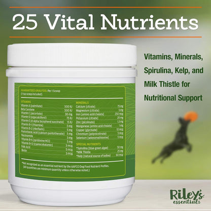 Riley's Multi-Essentials Multivitamin for Dogs - Vitamins, Minerals, Spirulina, Kelp, and Milk Thistle - Puppy and Senior Dog Vitamins - 227g Powder